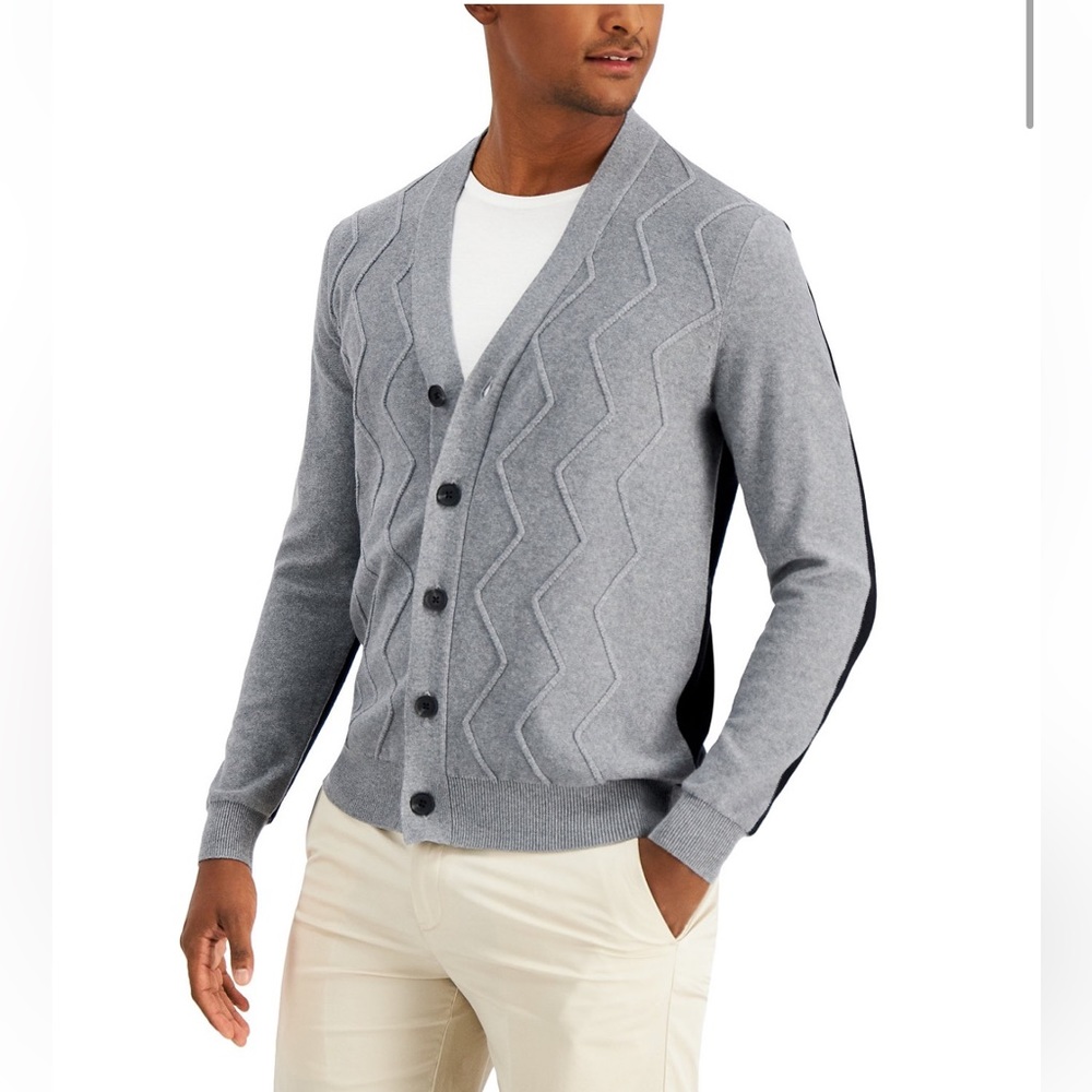 Alfani Cable Knit Gray Cardigan Sweater Colorblock Black Size L Business Work